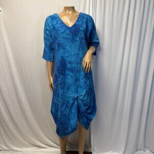 Abaca Blue Tie Dye Dress Womens Size Small Twist Hem V-Neck Cotton Casual Travel